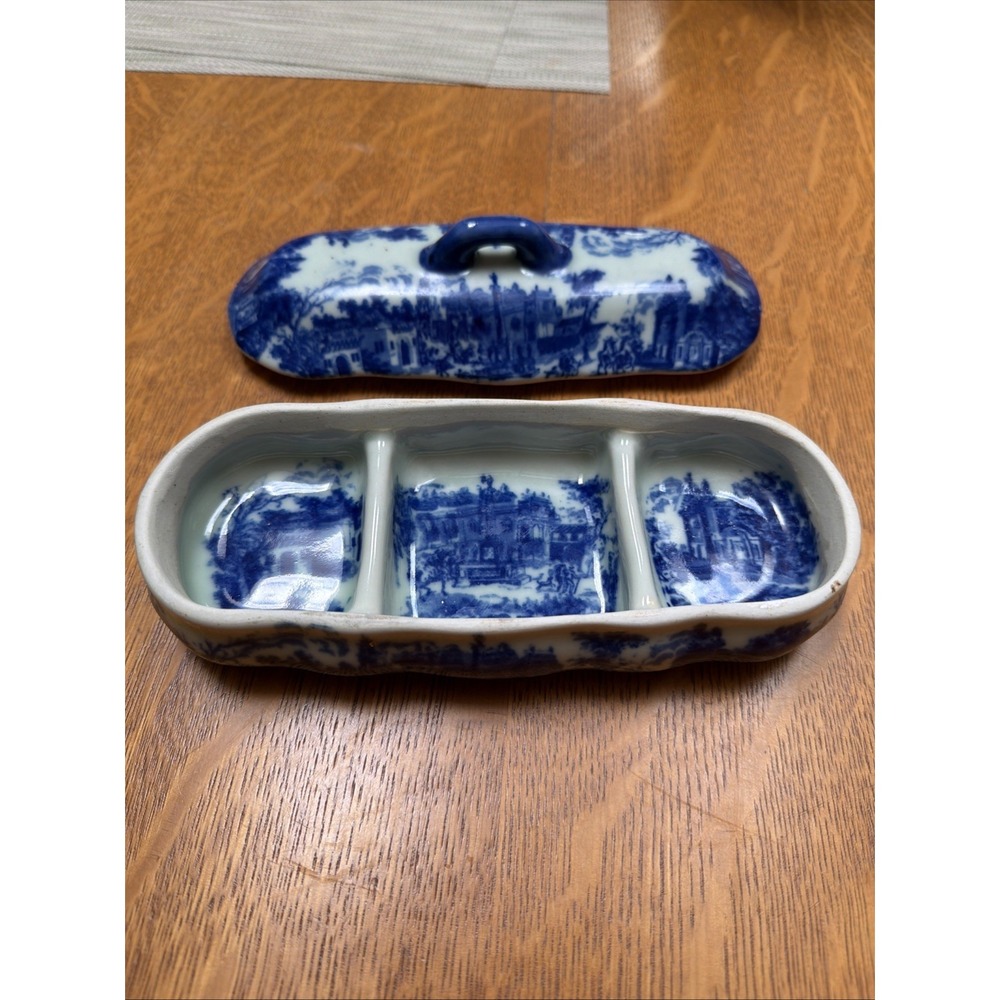 Vintage Victoria Ware Ironstone Flow Blue Divided Dish Trinket Lid Condiments